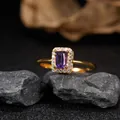 Close-up of elegant gold-plated sterling silver ring featuring a rectangular amethyst stone - Natural Amethyst Ring / Gold