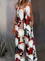 Casual Christmas gnome print spaghetti strap jumpsuit for women's festive fashion. - Red Bearded Gnome