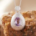 Detailed view of S925 silver pendant with amethyst gemstone and brushed finish texture. - Natural Amethyst Necklace Silver / Necklace