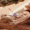 Detailed view of an S925 silver ring featuring a round purple amethyst gemstone. - Open Ring / Natural Amethyst