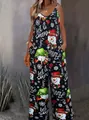 Festive Christmas snowman and snowflake print camisole jumpsuit for women in black - Snowman
