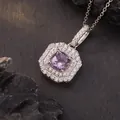 Close-up of S925 silver necklace featuring a square purple gemstone with double halo - Natural Amethyst / Silver