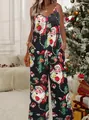 Festive women's Christmas print camisole jumpsuit featuring Santa Claus pattern - Santa and Tree