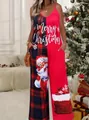 Festive red and plaid sleeveless Christmas jumpsuit with Santa print and lettering - Red Grid