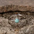 Close-up of S925 sterling silver sunburst ring with turquoise stone on stone background - Open Adjustable / Natural Turquoise