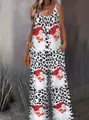 Sleeveless leopard print jumpsuit with festive Santa Claus pattern for Christmas - White Leopard