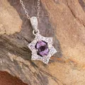 Close-up of S925 sterling silver necklace with purple garnet sunflower pendant. - Natural Amethyst Necklace Silver