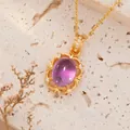 Close-up of a natural amethyst pendant necklace in gold-plated S925 sterling silver. - European Retro Style (N502) / Natural Amethyst (Gold)