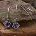 Elegante S925 Sterling Silber Amethyst Durchzieher Ohrringe auf Natursteinhintergrund. - Natürlicher Amethyst Ohrstecker / Silber