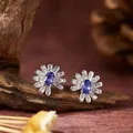 S925 silver daisy stud earrings with oval purple gemstone center and small crystal petals - Stud Earrings / Tanzanite