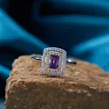 Detailed view of elegant rectangular purple amethyst ring with double halo in S925 silver - Ring / Purple (Amethyst)
