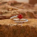 Anillo ajustable de plata de ley 925 con ágata roja natural y cristales brillantes - Ágata Roja Natural / Plateado