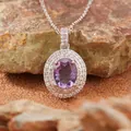 Macro view of an elegant oval amethyst pendant necklace set in S925 silver - Natural Amethyst Necklace