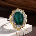 Vintage Victorian style silver ring with green oval malachite and cubic zirconia - Natural Malachite