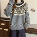 Detailed view of the intricate Fair Isle yoke pattern on this cozy grey knit cashmere sweater - One Size / Tops / Gray