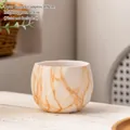 Detail view of the marble pattern faceted ceramic succulent pot showing product dimensions - Geometric Rhombus / Orange Marble Pattern