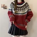 Red festive Fair Isle Christmas knit sweater featuring intricate geometric patterns - One Size / Tops / Red
