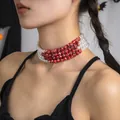 Gothic Halloween 3-strand white pearl choker necklace with red blood drip beads detail - Halloween Three-Layer Beaded Choker (5381)