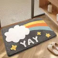 Plush gray tufted bathroom mat featuring rainbow cloud and 'YAY' lettering, anti-slip back - 40*60cm / Rainbow Cloud