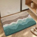 Thick tufted bathroom mat featuring a scenic mountain wave pattern in teal and beige. - 40*60cm / Calm Beach