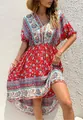 Red bohemian floral print maxi dress with V-neck and irregular high-low hem design - S / Top And Bottom / Burgundy