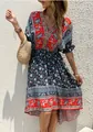 Bohemian floral print V-neck dress with high-low hem and vibrant ethnic red patterns. - S / Top And Bottom / Navy Blue