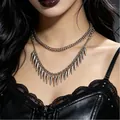Silver gothic punk spike necklace with double layer chain for edgy streetwear style - Dark Gothic Double Layer Spike Necklace (A-1222) / Silver