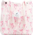 Soft pink corduroy tote bag featuring cute all-over bow patterns and a decorative patch - Cream with Pink Bows
