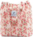 Vintage floral print corduroy shoulder bag for women with 'Enjoy your life' label detail - Beige Floral
