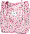 Large capacity pink corduroy tote bag with floral tulip print and shoulder straps - Pink Floral