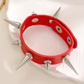 Red punk gothic leather bracelet with silver conical spikes for a bold street style look - Red Leather Silver Rivet Bracelet (Z-302) / Red