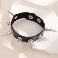 Punk style gothic black leather choker necklace with sharp silver spikes for rock fans - Black Leather Silver Rivet Bracelet (X476) / Black