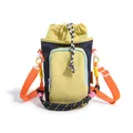 Vibrant color-block drawstring crossbody water bottle bag with front zipper pocket - Navy Blue/Yellow