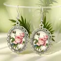 Vintage French style drop earrings with pink rose flower design under glass dome. - Silver Rose Floral - Oval