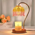 Lampe chauffe-bougie rétro tulipe avec socle en bois et abat-jour en verre ambré rose - Dégradé Jaune-Rose + Base ronde en noyer / Gradation par bouton / Prise Américaine