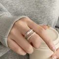 Elegant minimalist silver geometric and beaded open ring set for women in lifestyle setting - Two-Piece Retro Faceted Style (JZ5118)