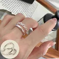 Retro geometric silver adjustable open ring featuring unique chain link and smooth band design - Punk Geometric Chain Combination Style (JZ5054)
