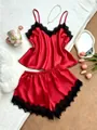Red satin pajama set for women with black lace trim camisole and shorts sleepwear. - S / Top And Bottom / Red