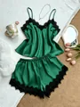 Two-piece emerald green satin pajama set with black lace trim for women - S / Top And Bottom / Green