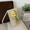 Handgefertigte Handytasche aus Baumwollkordel mit gelber und grüner Blume für den Sommer - Zweifarbiges Blumendesign / Beige Grün