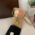 Handgewebte Handy-Umhängetasche aus Baumwollseil mit rosa Blume für den Sommerstrand. - Rosa Blumendesign / Braun