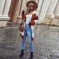 Long gilet en maille color-block pour femme en orange rouille et crème, style automne - M / Hauts / Chameau