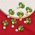 Detail of green bow charms with imitation jade and pearl dangles for DIY jewelry making - Emerald Green (B547#)