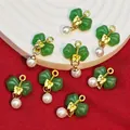 Detail of green bow charms with imitation jade and pearl dangles for DIY jewelry making - Emerald Green (B547#)