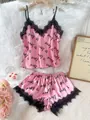 Pink satin pajama set with black lace trim and love heart print - S / Top And Bottom / Rose