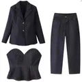 Elegant three-piece dark blue denim suit set with blazer peplum top and straight leg jeans - S / Blazer, Bustier, and Pants Set