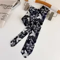 Elegant black and white floral print skinny necktie scarf in preppy academy style - Navy Blue Floral Pattern Style (28074B)