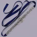 Luxury bridal wedding gown sash belt with navy blue ribbon and sparkling rhinestones - Dark Blue Satin Sash (WS-J267ML)