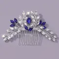 Elegant bridal hair comb with blue and clear rhinestones on lavender background - Simple Elegant Blue Rhinestone Style (HS-J7080S) / Silver