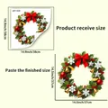 Sticker fenêtre couronne de Noël montrant les tailles reçue et finie (38cm et 37cm) - Style Grande Feuille Verte Cloche Dorée Nœud Rouge (JDT-X39)
